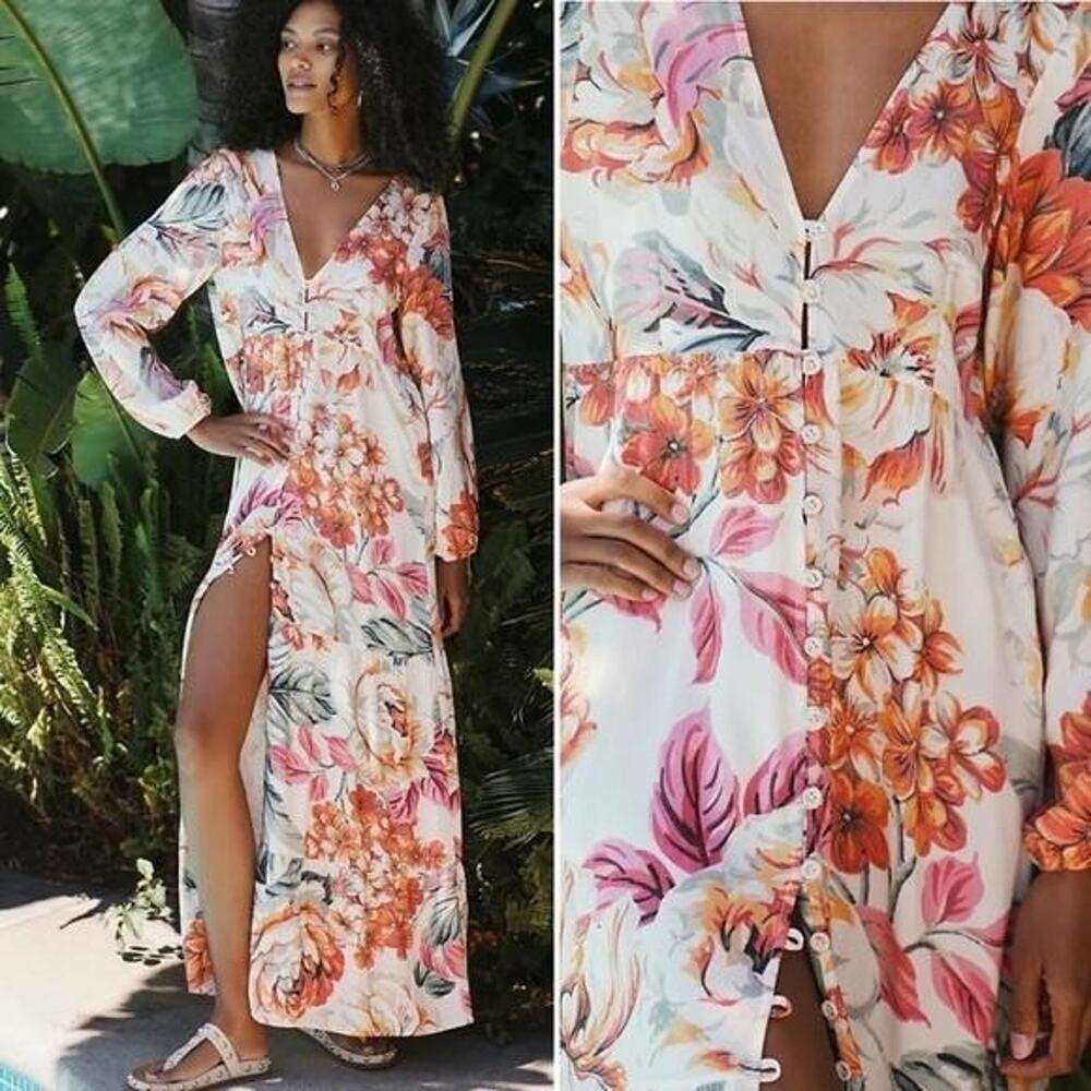 Maaji Kimono Maxi Dress Womens Medium Anthropologie Floral Cover Up